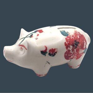 Vintage MCM Handpainted Floral Ceramic Piggy Bank 6" Stopperless 1940s